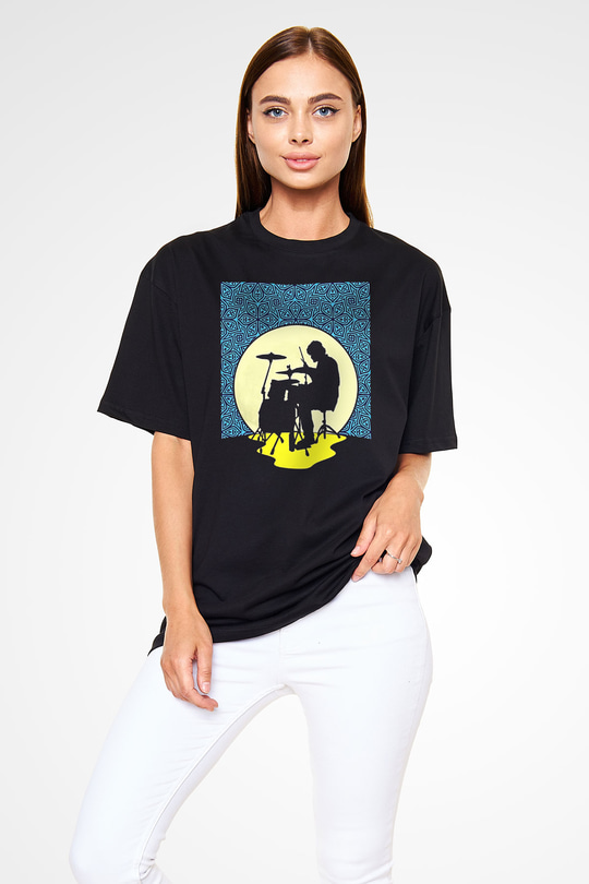 Bateri Baskılı Unisex Siyah Oversize Tişört - Tshirt