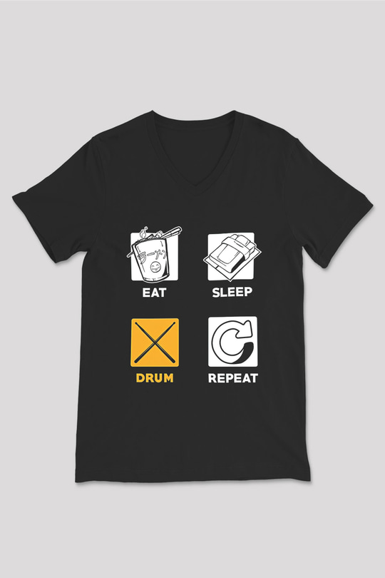 Bateri Baskılı Unisex Siyah V Yaka Tişört - Tshirt
