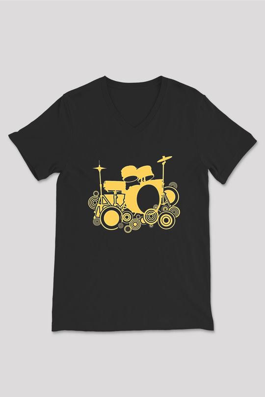 Bateri Baskılı Unisex Siyah V Yaka Tişört - Tshirt