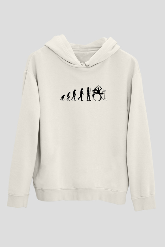 Baterist Evrimi Baskılı Unisex Ekru Hoodie