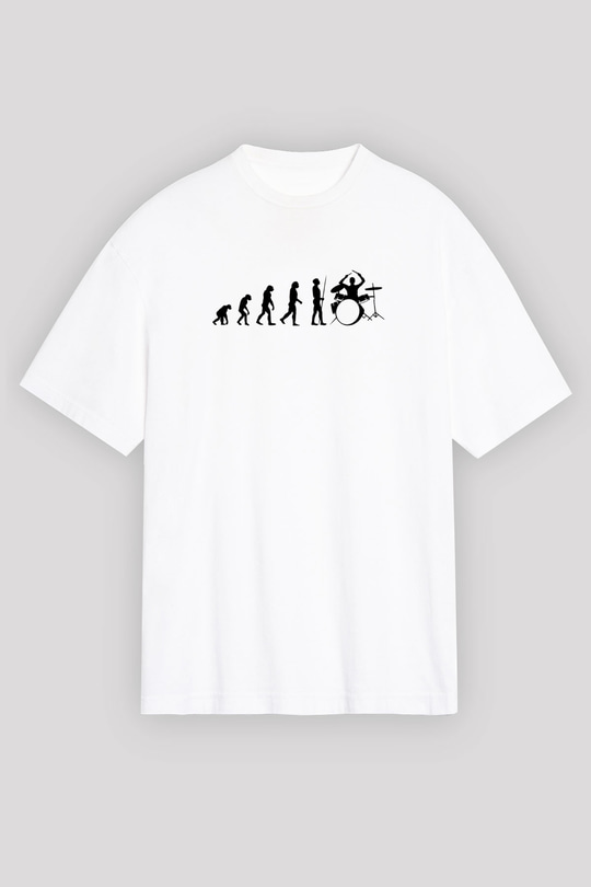 Baterist Evrimi Baskılı Unisex Oversize Beyaz Tişört - Tshirt
