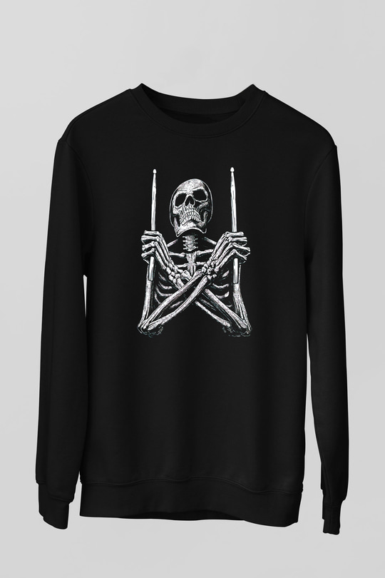 Baterist İskelet Baskılı Unisex Siyah  Sweatshirt