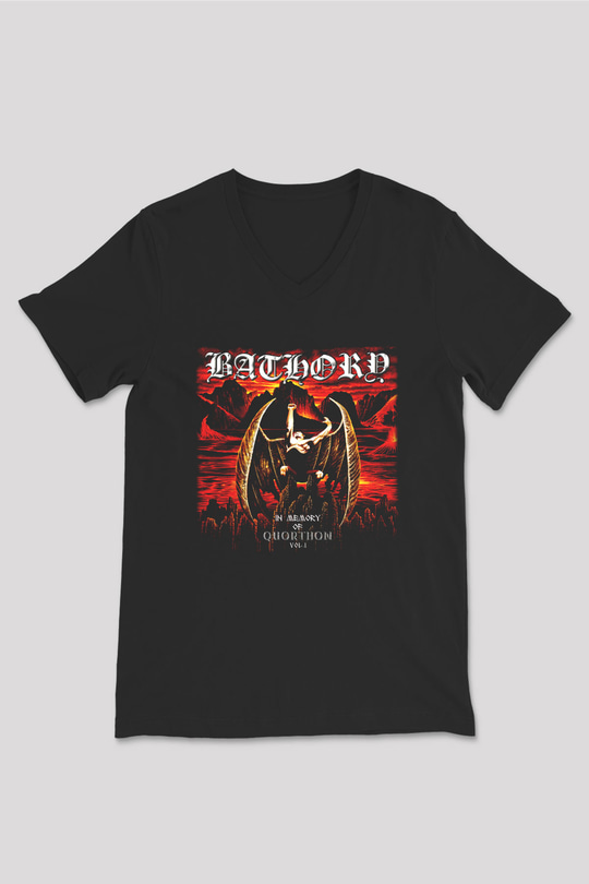 Bathory Siyah Unisex V Yaka Tişört T-Shirt
