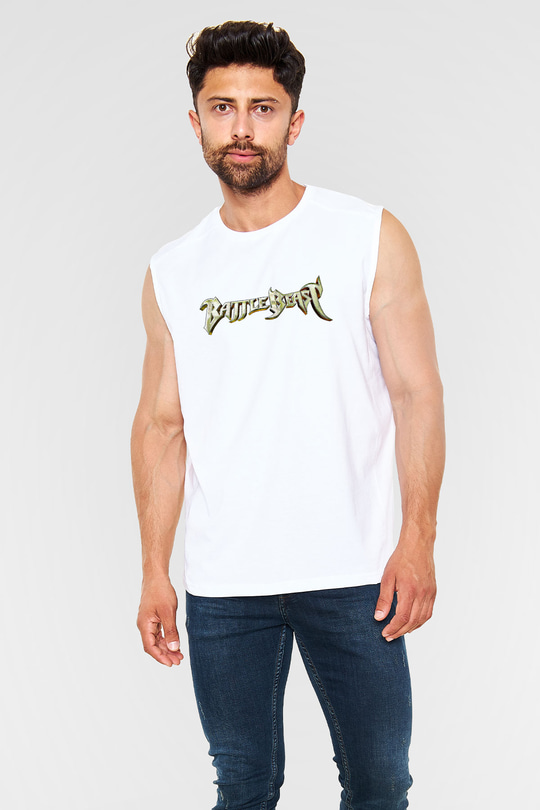 Battle Beast Baskılı Beyaz Unisex Kolsuz Tişört - Tshirt