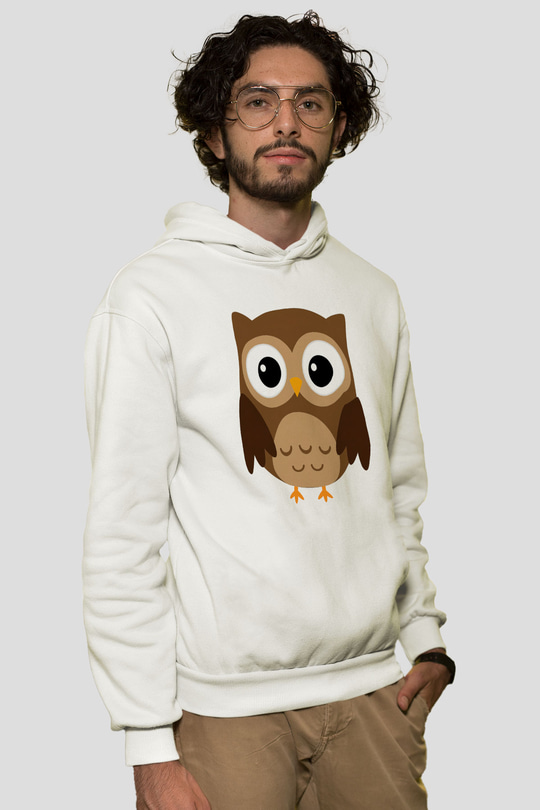 Baykuş Beyaz Unisex Kapşonlu Sweatshirt