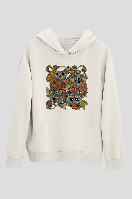 Baykuş Beyaz Unisex Kapşonlu Sweatshirt