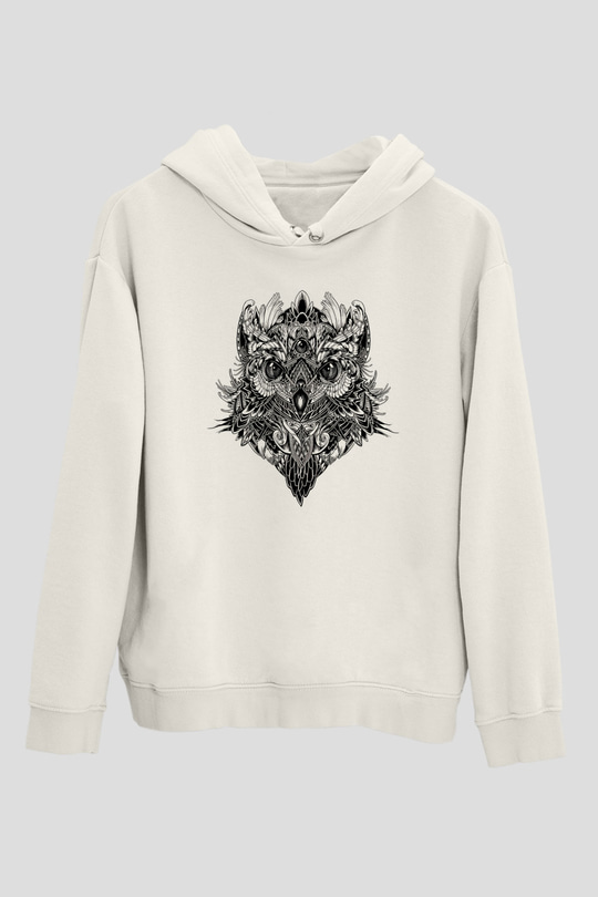 Baykuş Beyaz Unisex Kapşonlu Sweatshirt