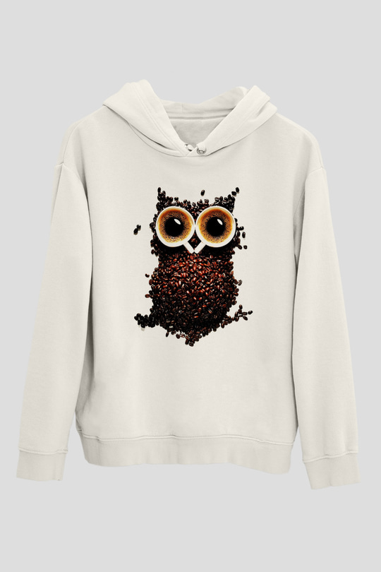 Baykuş Beyaz Unisex Kapşonlu Sweatshirt