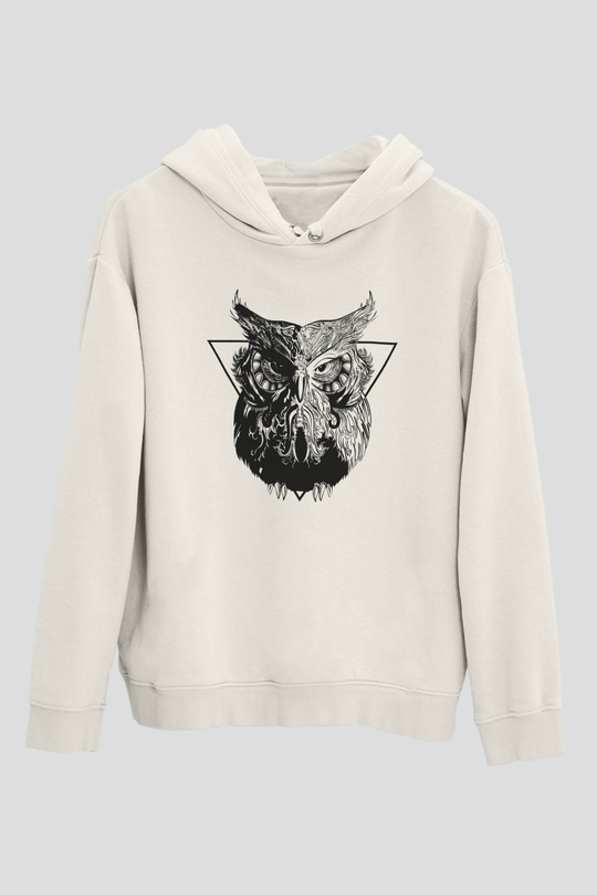 Baykuş Beyaz Unisex Kapşonlu Sweatshirt