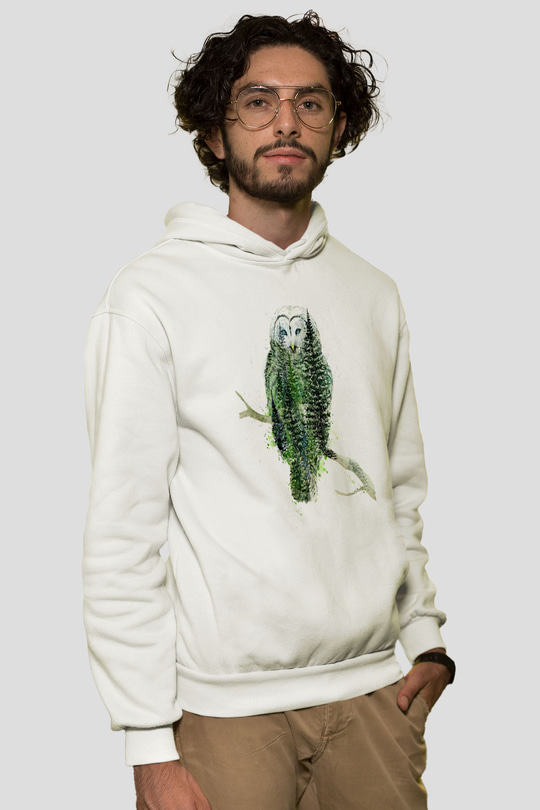 Baykuş Beyaz Unisex Kapüşonlu Sweatshirt