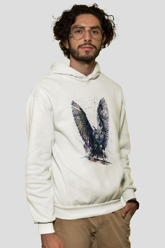 Baykuş Beyaz Unisex Kapüşonlu Sweatshirt