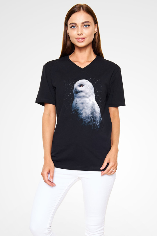 Baykuş Siyah Unisex V Yaka Tişört