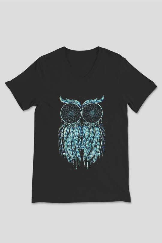 Baykuş Siyah Unisex V Yaka Tişört T-Shirt