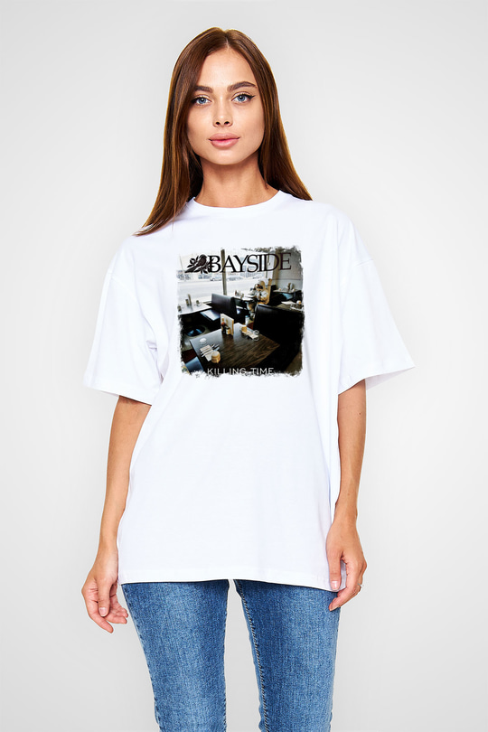 Bayside Baskılı Unisex Beyaz Oversize Tişört