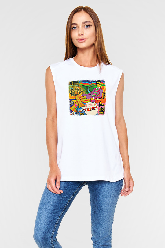 Beatles Baskılı Unisex Beyaz Kolsuz Tişört