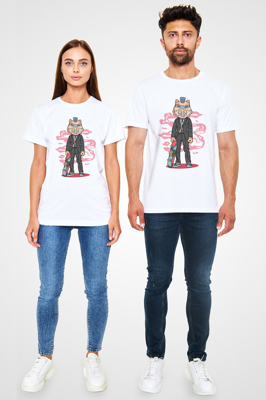 Bebop Skateboard Baskılı Unisex Beyaz Tişört