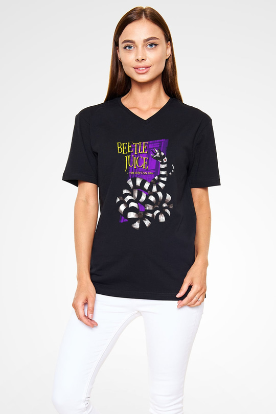 Beetlejuice Beterböcek Siyah Unisex V Yaka Tişört