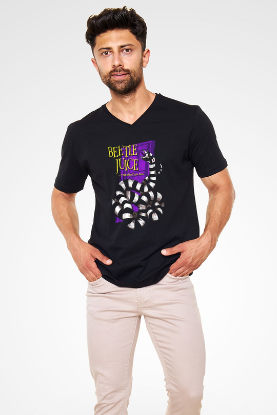 Beetlejuice Beterböcek Siyah Unisex V Yaka Tişört