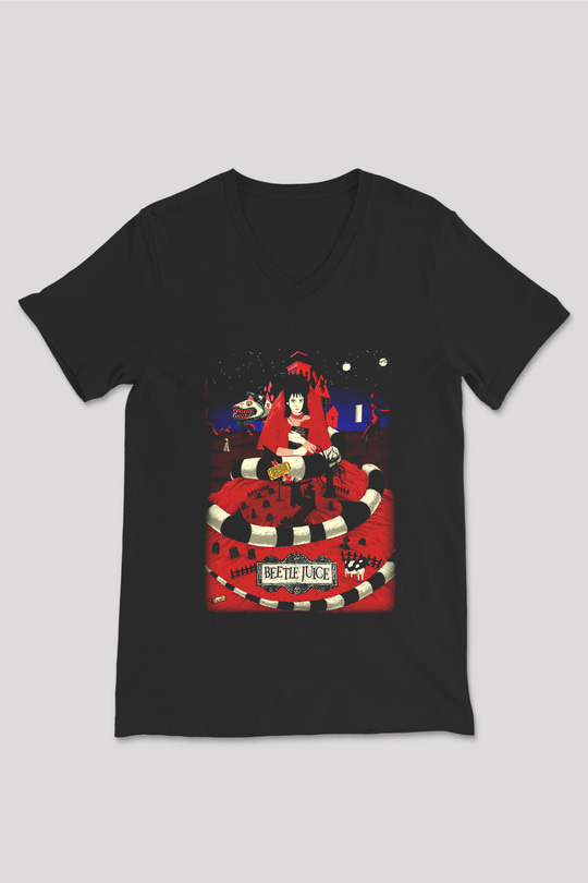 Beetlejuice Beterböcek Siyah Unisex V Yaka Tişört