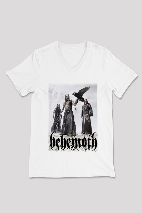 Behemoth Beyaz Unisex V Yaka Tişört T-Shirt