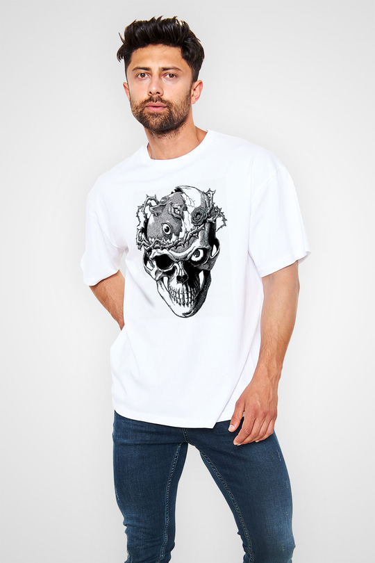 Beherit Baskılı Beyaz Unisex Oversize Tişört - Tshirt