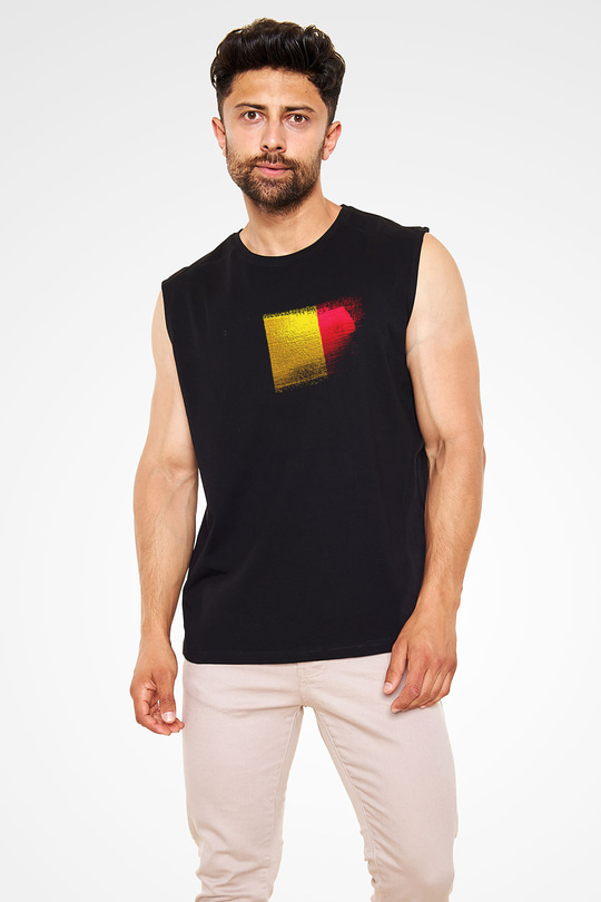 Belçika - Belgium Bayrağı Baskılı Unisex Siyah Kolsuz Tişört
