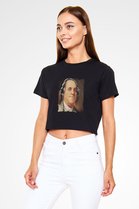Benjamin Franklin Baskılı Siyah Kadın Crop Top Tişört