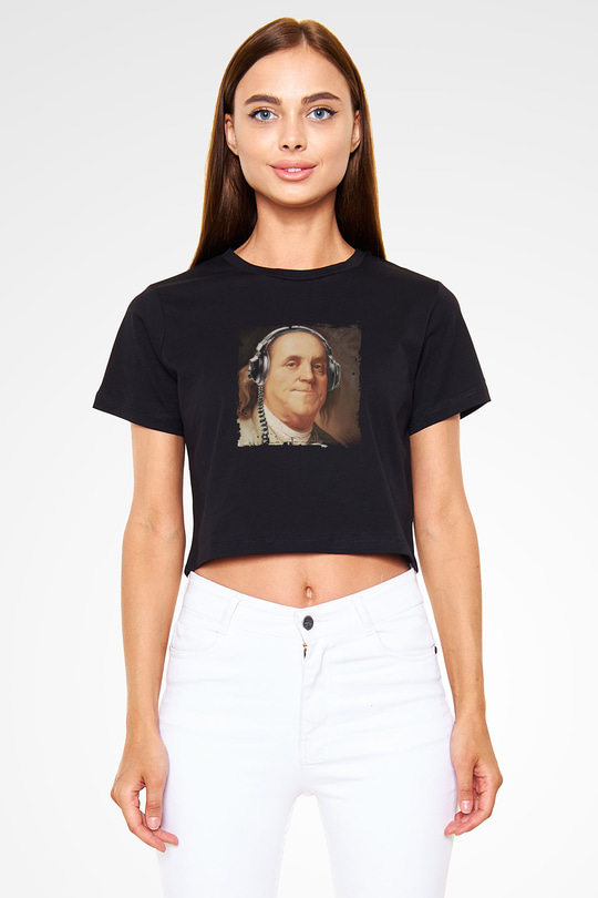 Benjamin Franklin Baskılı Siyah Kadın Crop Top Tişört