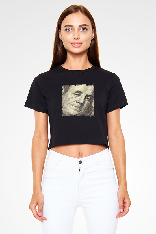 Benjamin Franklin Baskılı Siyah Kadın Crop Top Tişört