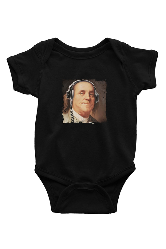 Benjamin Franklin Baskılı Unisex Siyah Bebek Body - Zıbın