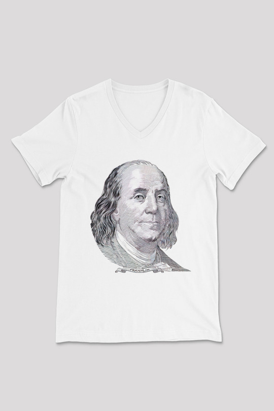 Benjamin Franklin Beyaz Unisex V Yaka Tişört