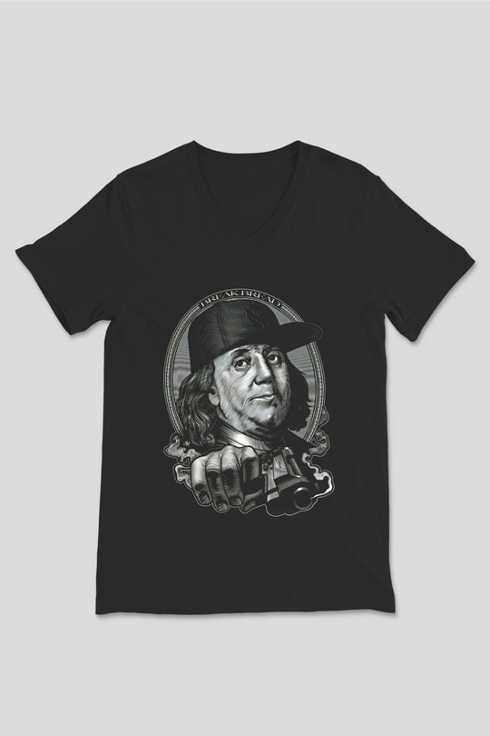 Benjamin Franklin Siyah Unisex V Yaka Tişört