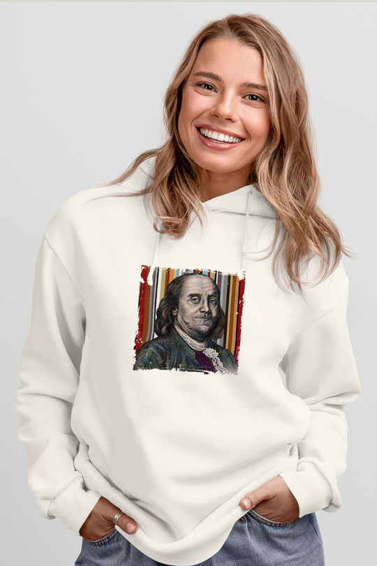 Benjamin Franklin Unisex Baskılı Beyaz Kapüşonlu Sweatshirt