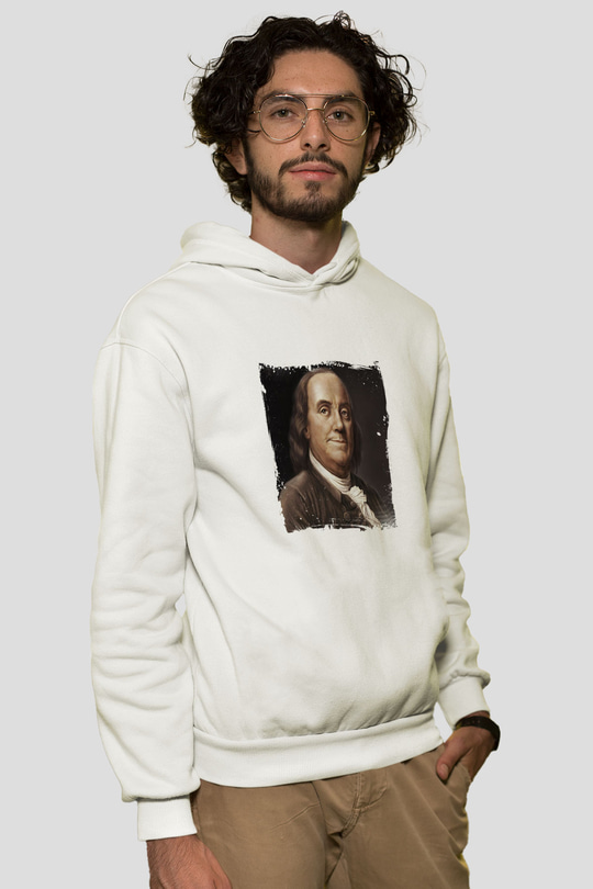 Benjamin Franklin Unisex Baskılı Beyaz Kapüşonlu Sweatshirt
