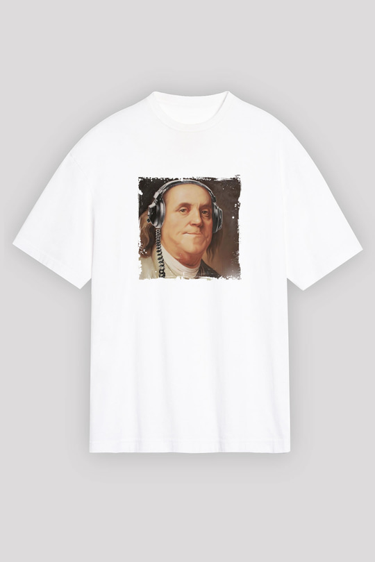 Benjamin Franklin Oversize Baskılı Beyaz Tişört