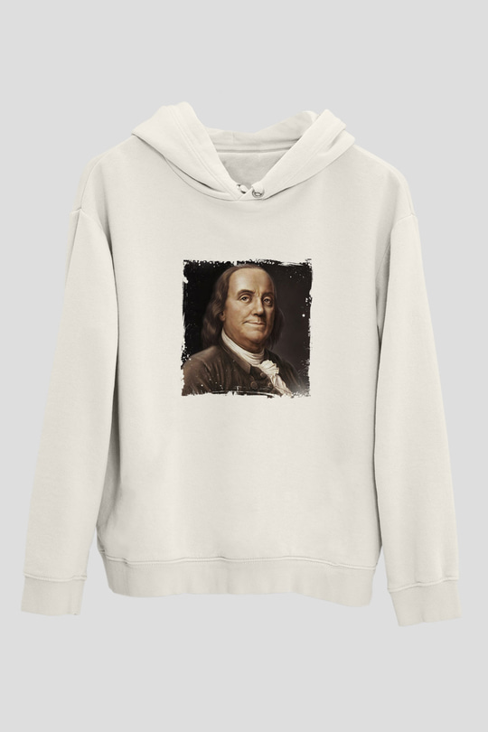 Benjamin Franklin Unisex Baskılı Beyaz Kapüşonlu Sweatshirt