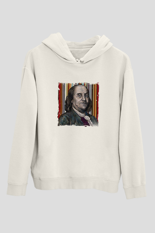 Benjamin Franklin Unisex Baskılı Beyaz Kapüşonlu Sweatshirt