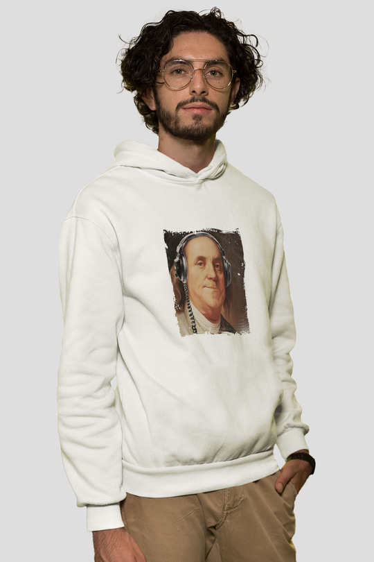 Benjamin Franklin Unisex Baskılı Beyaz Kapüşonlu Sweatshirt