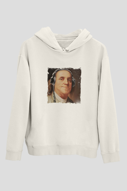 Benjamin Franklin Unisex Baskılı Beyaz Kapüşonlu Sweatshirt