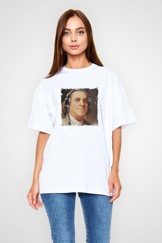 Benjamin Franklin Oversize Baskılı Beyaz Tişört