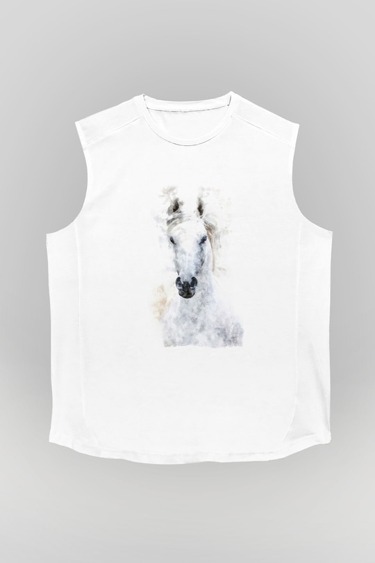 Beyaz At Baskılı Unisex Beyaz  Kolsuz Tişört