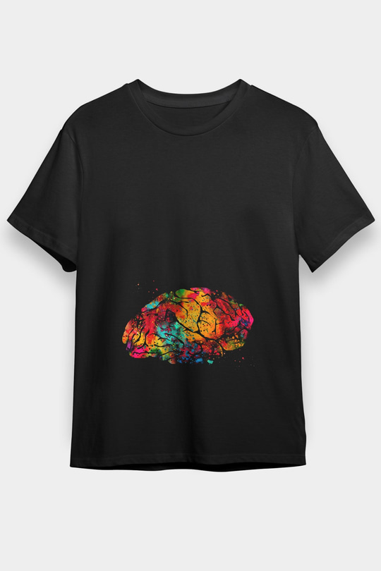 Beyin İllustrasyon Baskılı Unisex Siyah Tişört - Tshirt