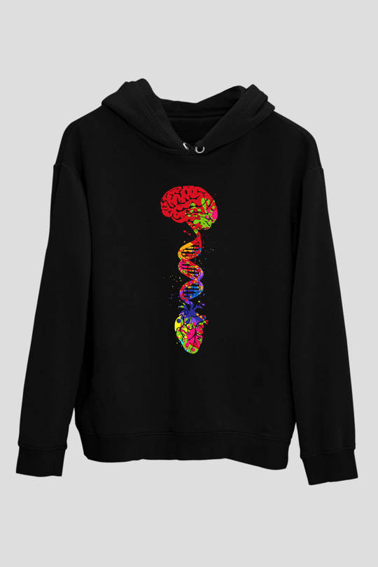 Beyin Omurga DNA Sarmalı Baskılı Unisex Siyah Hoodie