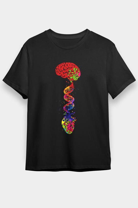 Beyin Omurga DNA Sarmalı Baskılı Unisex Siyah Tişört - Tshirt