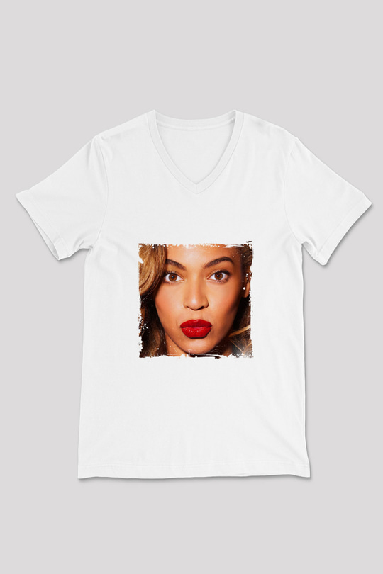 Beyonce Baskılı Beyaz V Yaka Unisex Tişört