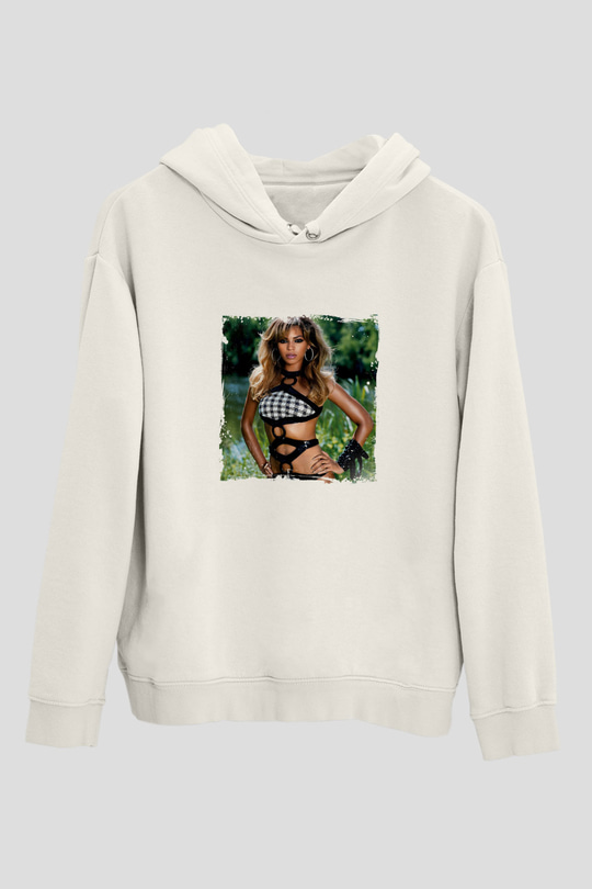 Beyonce Baskılı Unisex Beyaz Kapüşonlu Sweatshirt