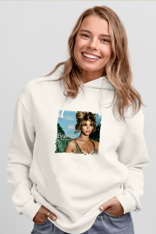 Beyonce Baskılı Unisex Beyaz Kapüşonlu Sweatshirt