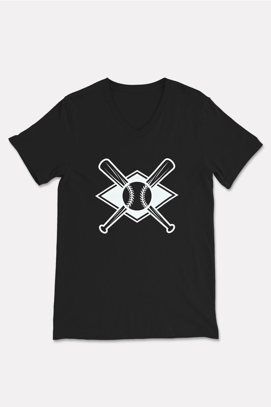 Beyzbol - Baseball Baskılı Unisex Siyah V Yaka Tişört