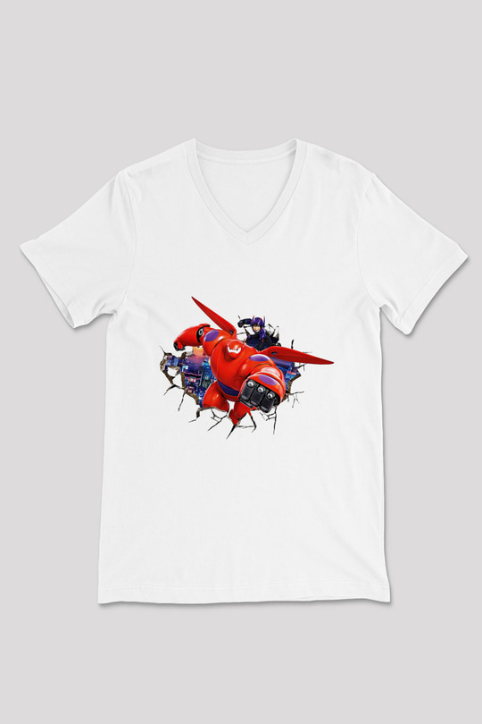 Big Hero Beyaz Unisex V Yaka Tişört T-Shirt