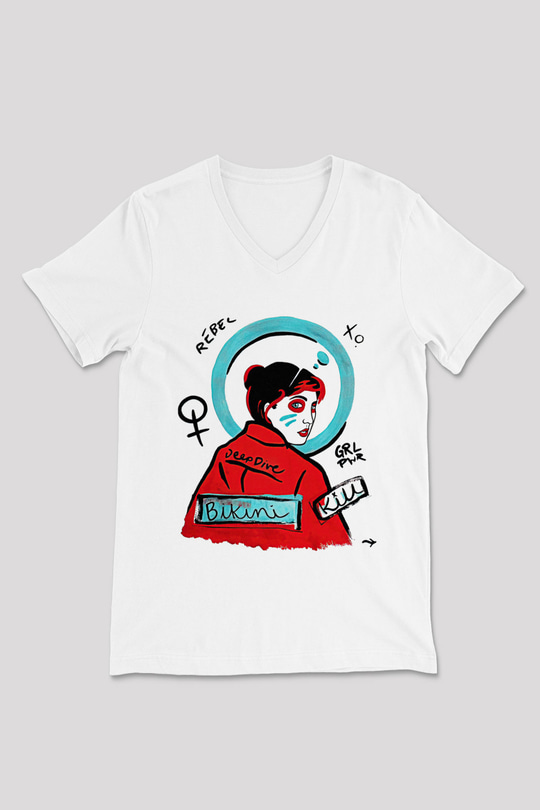 Bikini Kill Baskılı Beyaz Unisex V Yaka Tişört - Tshirt